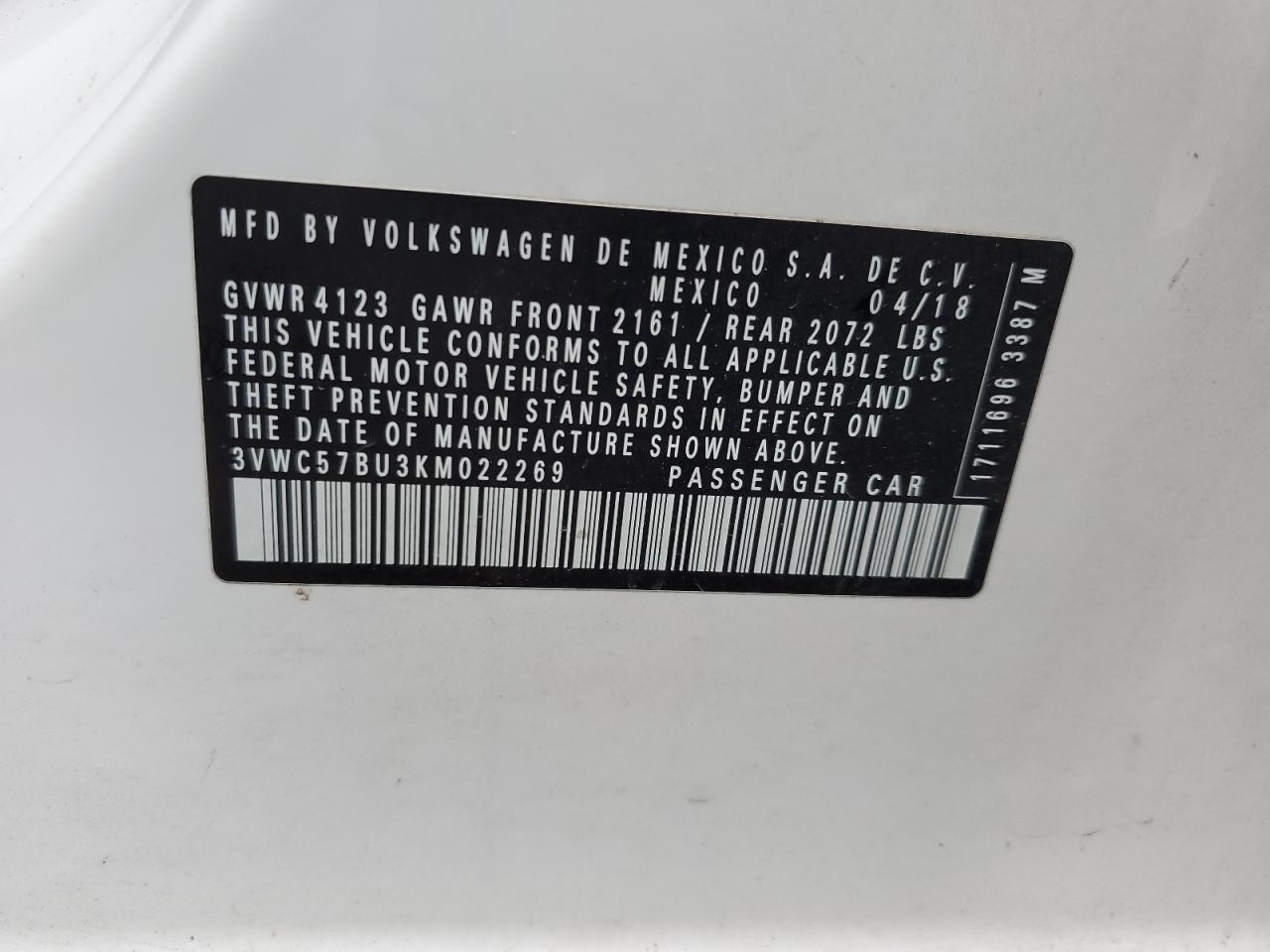 3VWC57BU3KM022269 2019 Volkswagen Jetta S