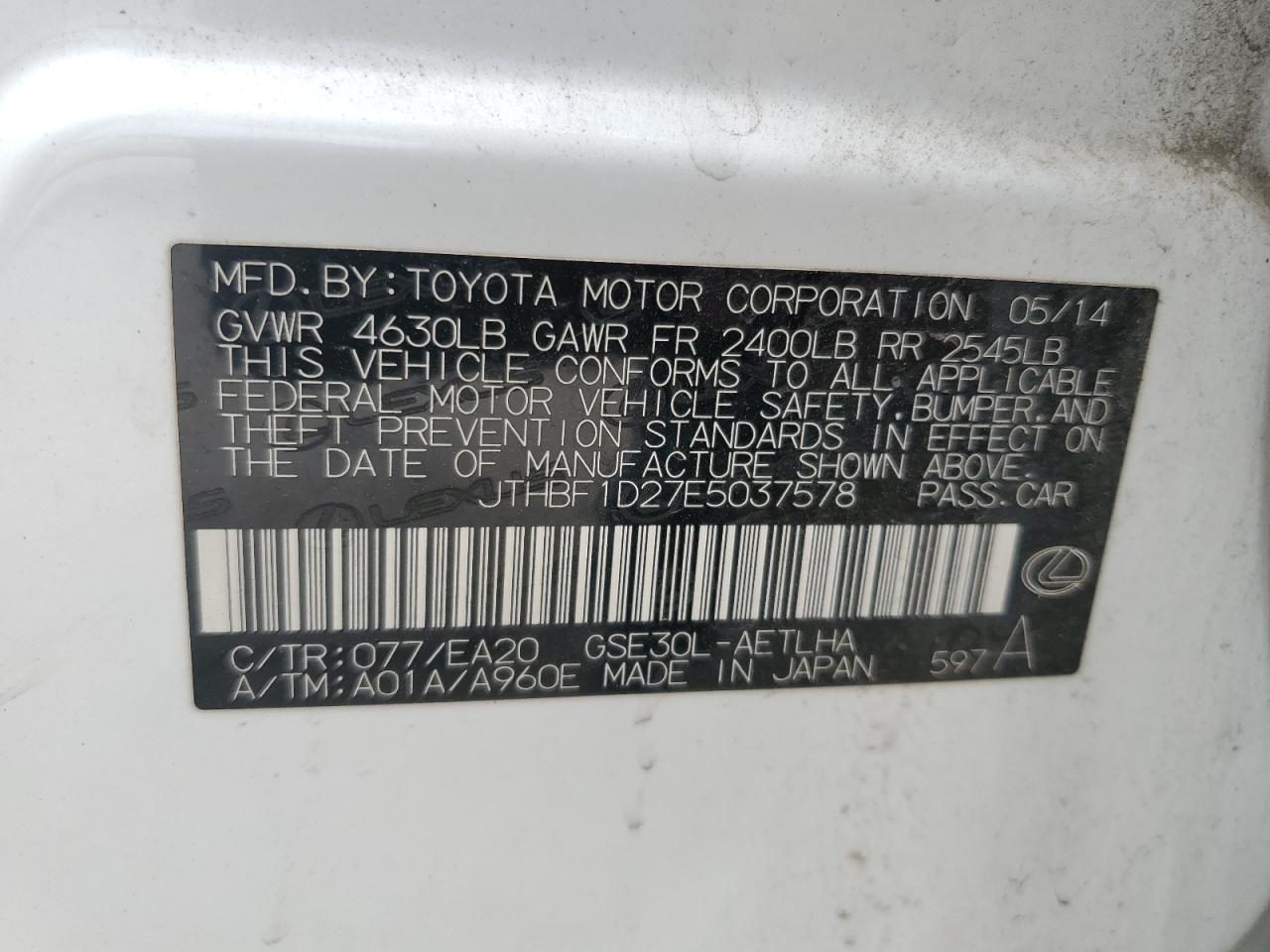 JTHBF1D27E5037578 2014 Lexus Is 250