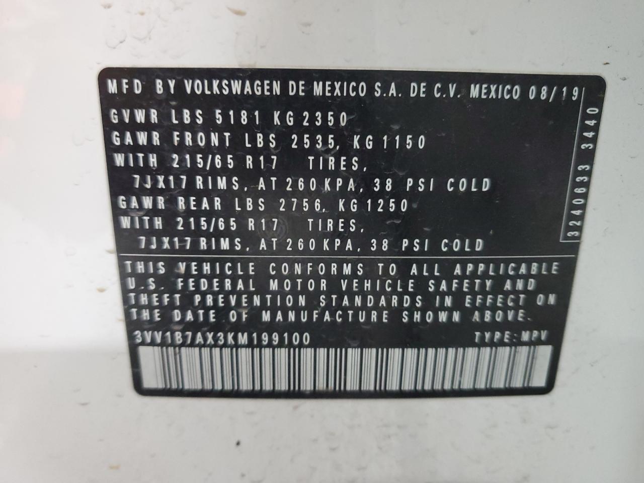 3VV1B7AX3KM199100 2019 Volkswagen Tiguan S