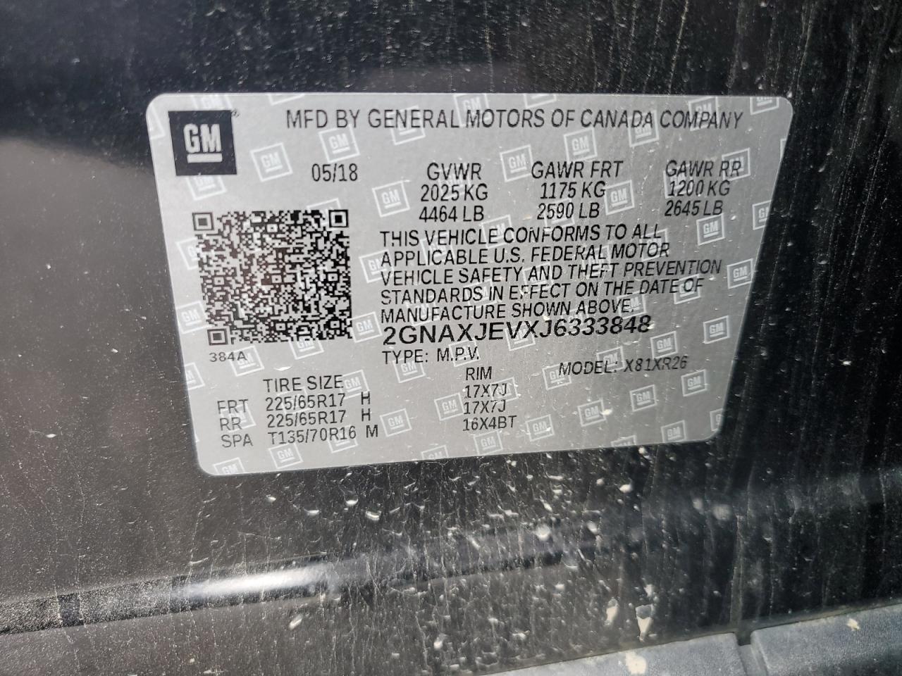 2GNAXJEVXJ6333848 CHEVROLET EQUINOX 2018