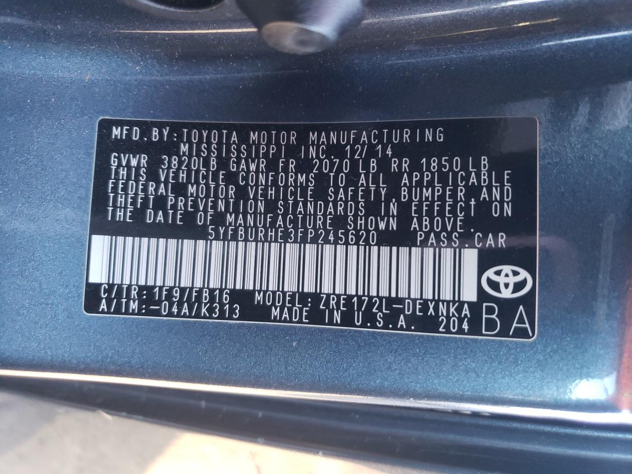 5YFBURHE3FP245620 2015 Toyota Corolla L
