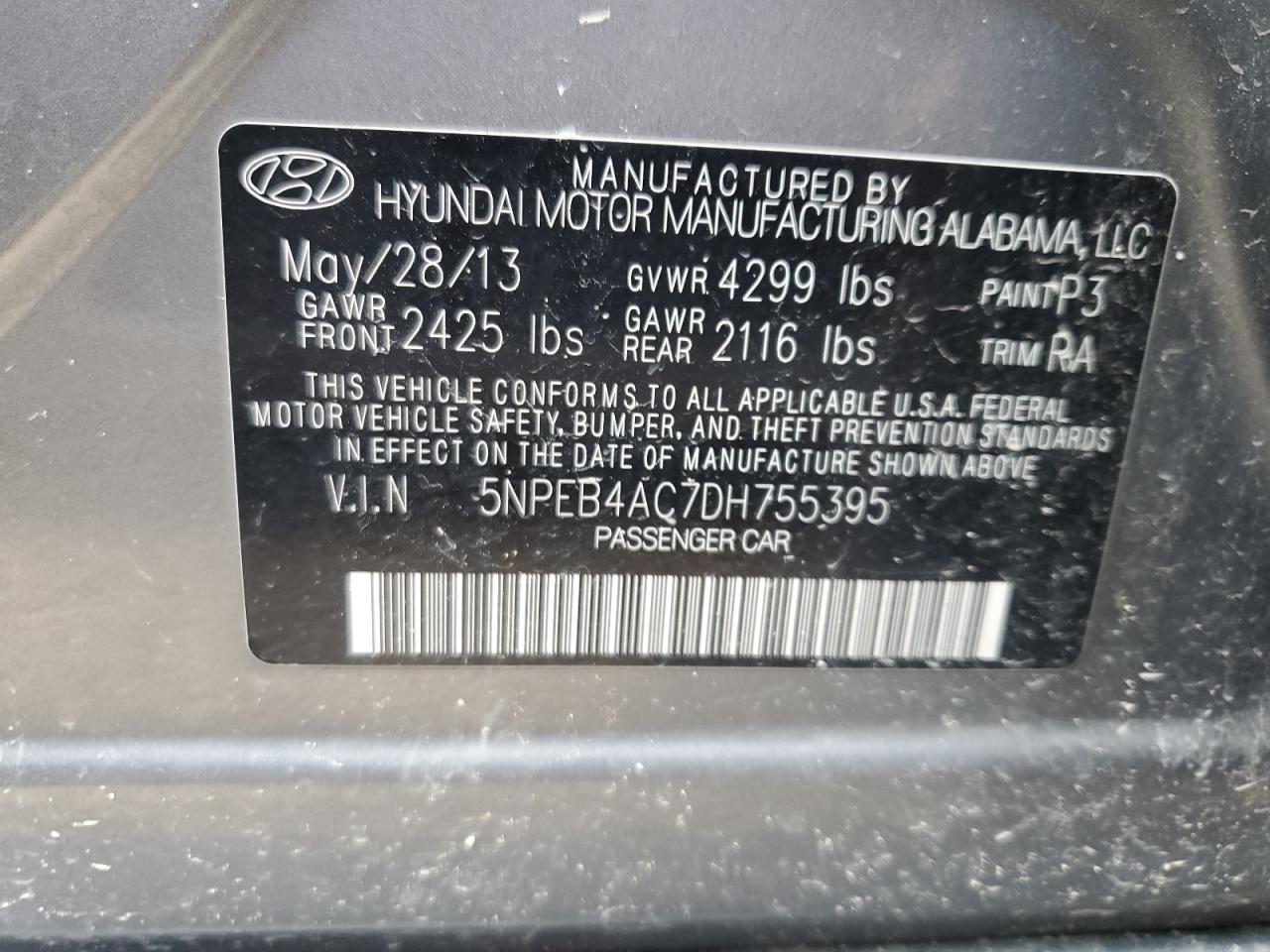 5NPEB4AC7DH755395 2013 Hyundai Sonata Gls