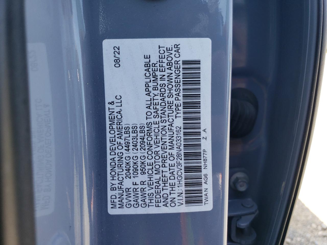 1HGCV3F28NA033162 2022 Honda Accord Hybrid Sport