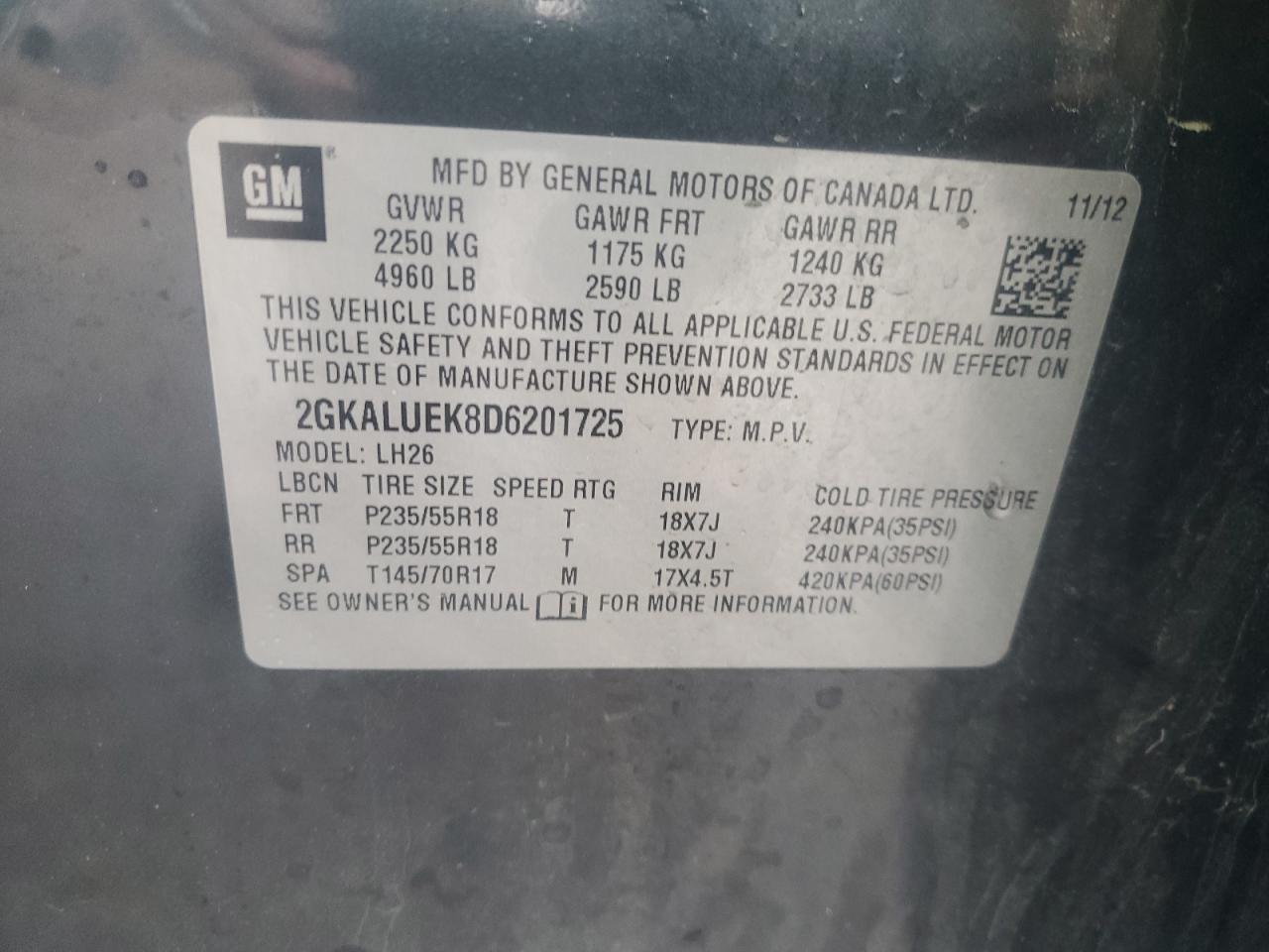 2GKALUEK8D6201725 2013 GMC Terrain Slt