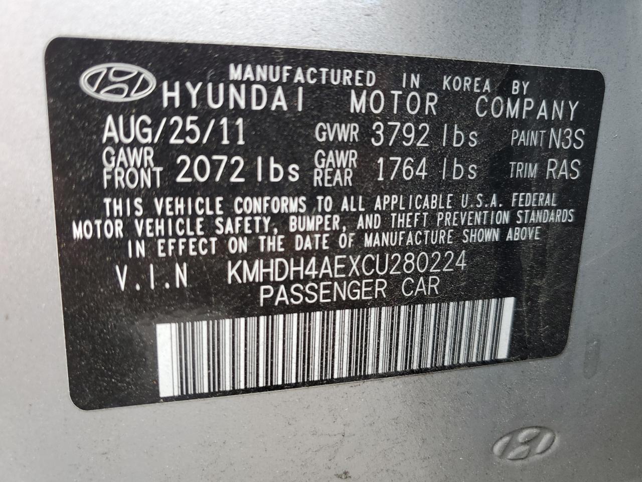 KMHDH4AEXCU280224 2012 Hyundai Elantra Gls