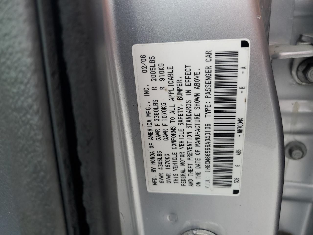 1HGCM66566A040109 2006 Honda Accord Ex