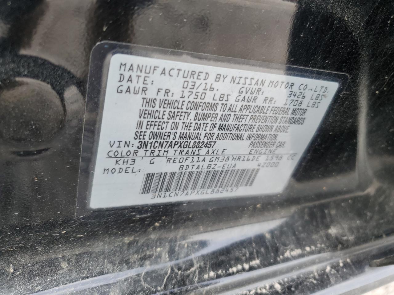 3N1CN7APXGL882457 2016 Nissan Versa S
