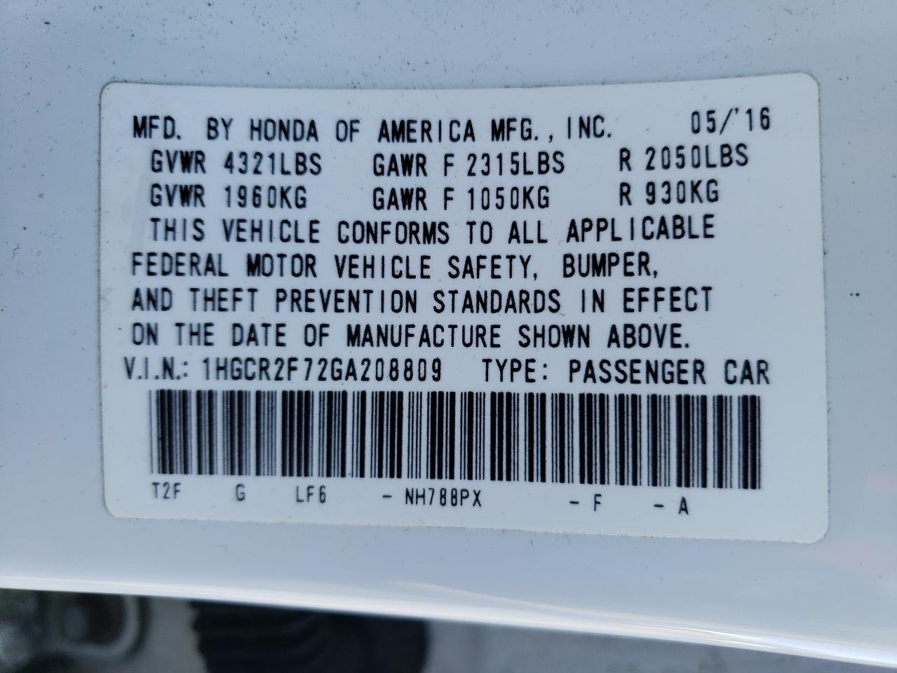 1HGCR2F72GA208809 2016 Honda Accord Ex