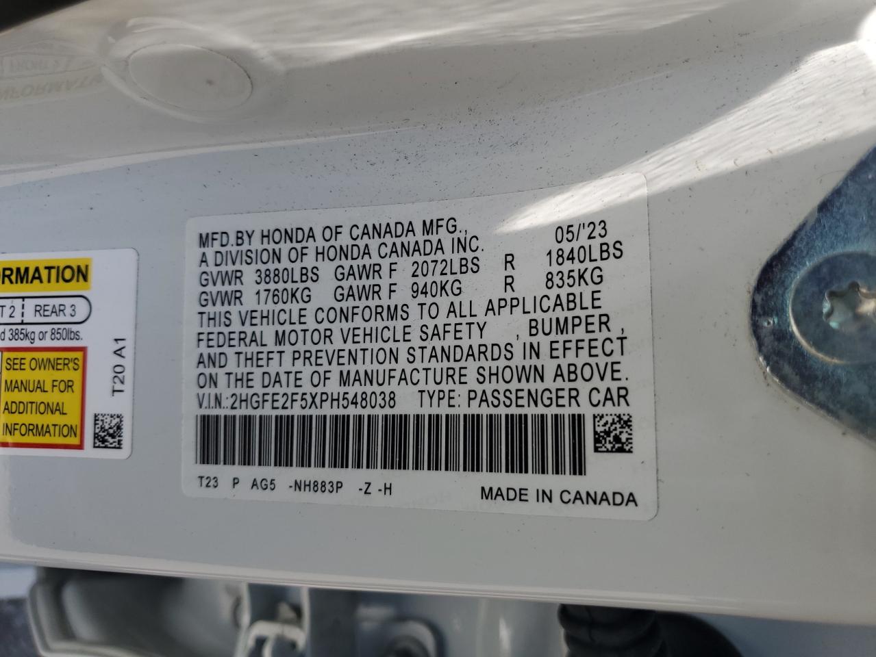 2HGFE2F5XPH548038 HONDA CIVIC 2023