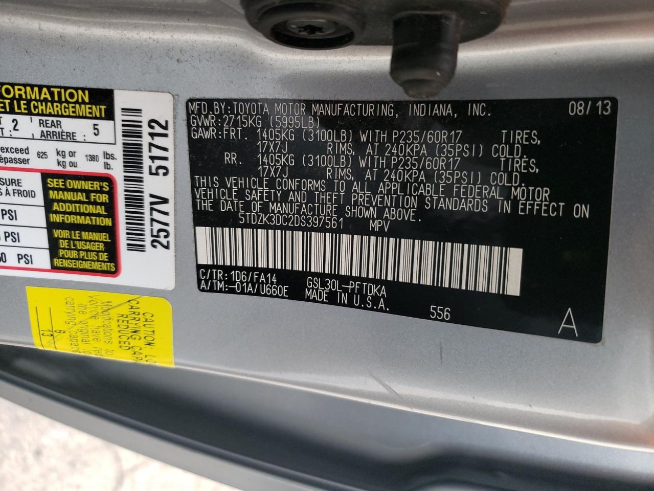 5TDZK3DC2DS397561 2013 Toyota Sienna