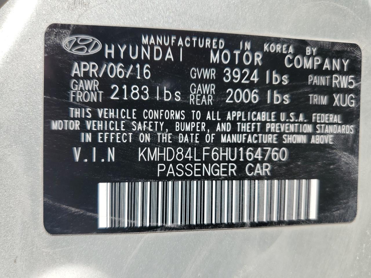 KMHD84LF6HU164760 2017 Hyundai Elantra Se