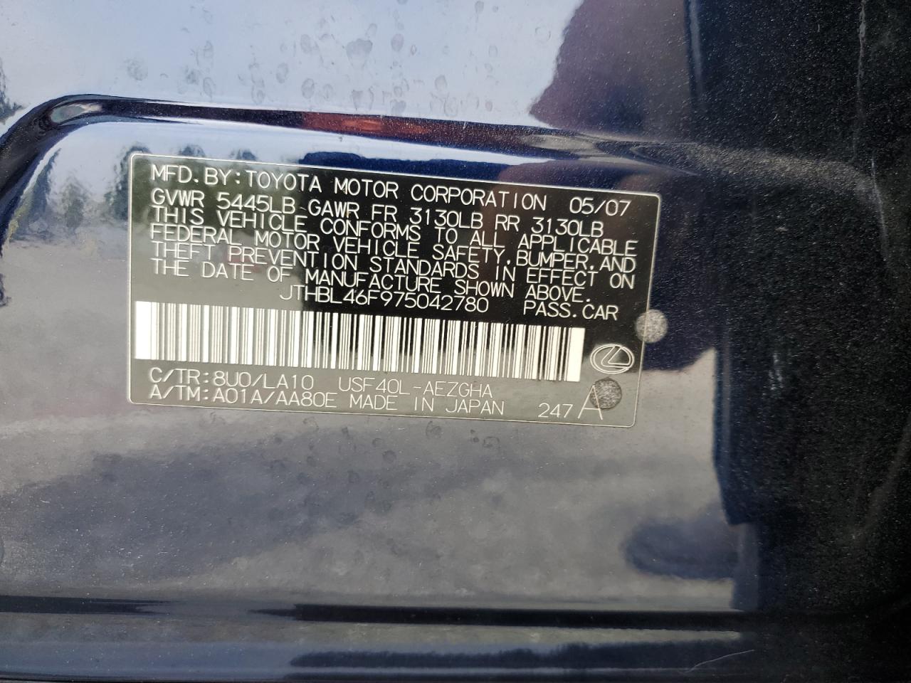 JTHBL46F975042780 2007 Lexus Ls 460