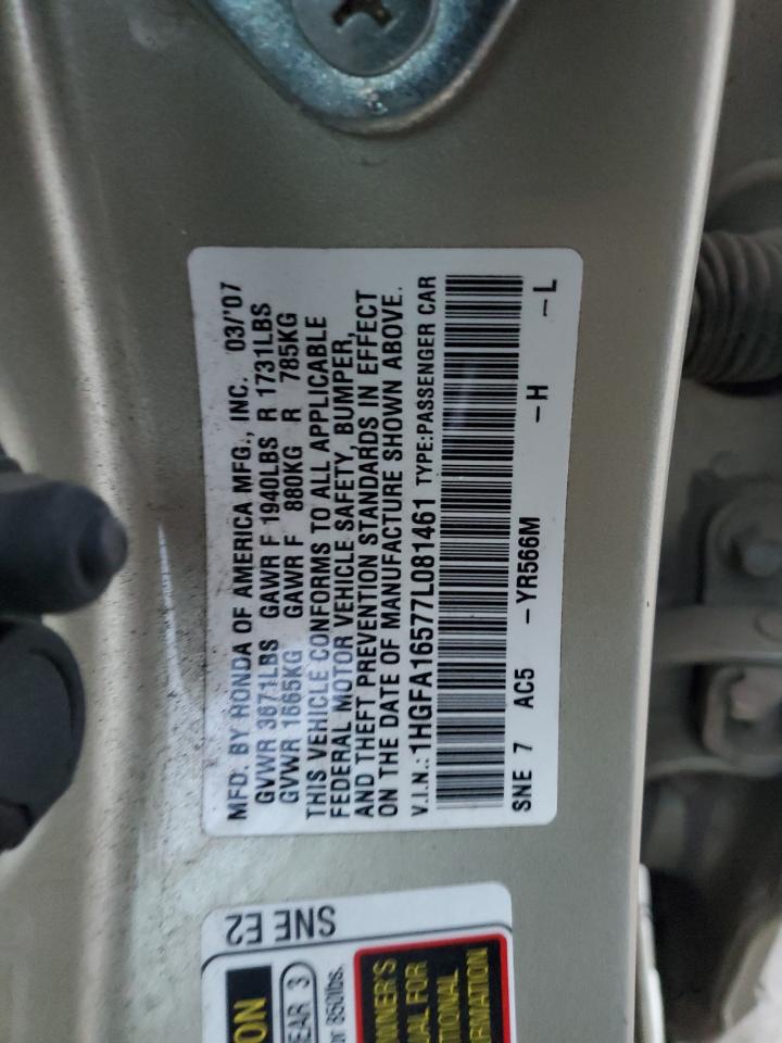 1HGFA16577L081461 2007 Honda Civic Lx