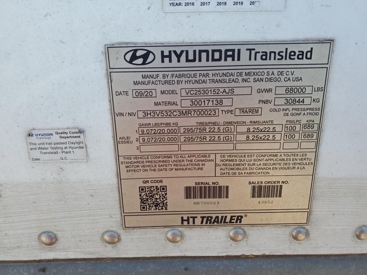 3H3V532C3MR700023 2021 Hyundai Dry Van