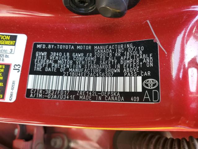 2010 Toyota Corolla Base VIN: 2T1BU4EE2AC456307 Lot: 54291214