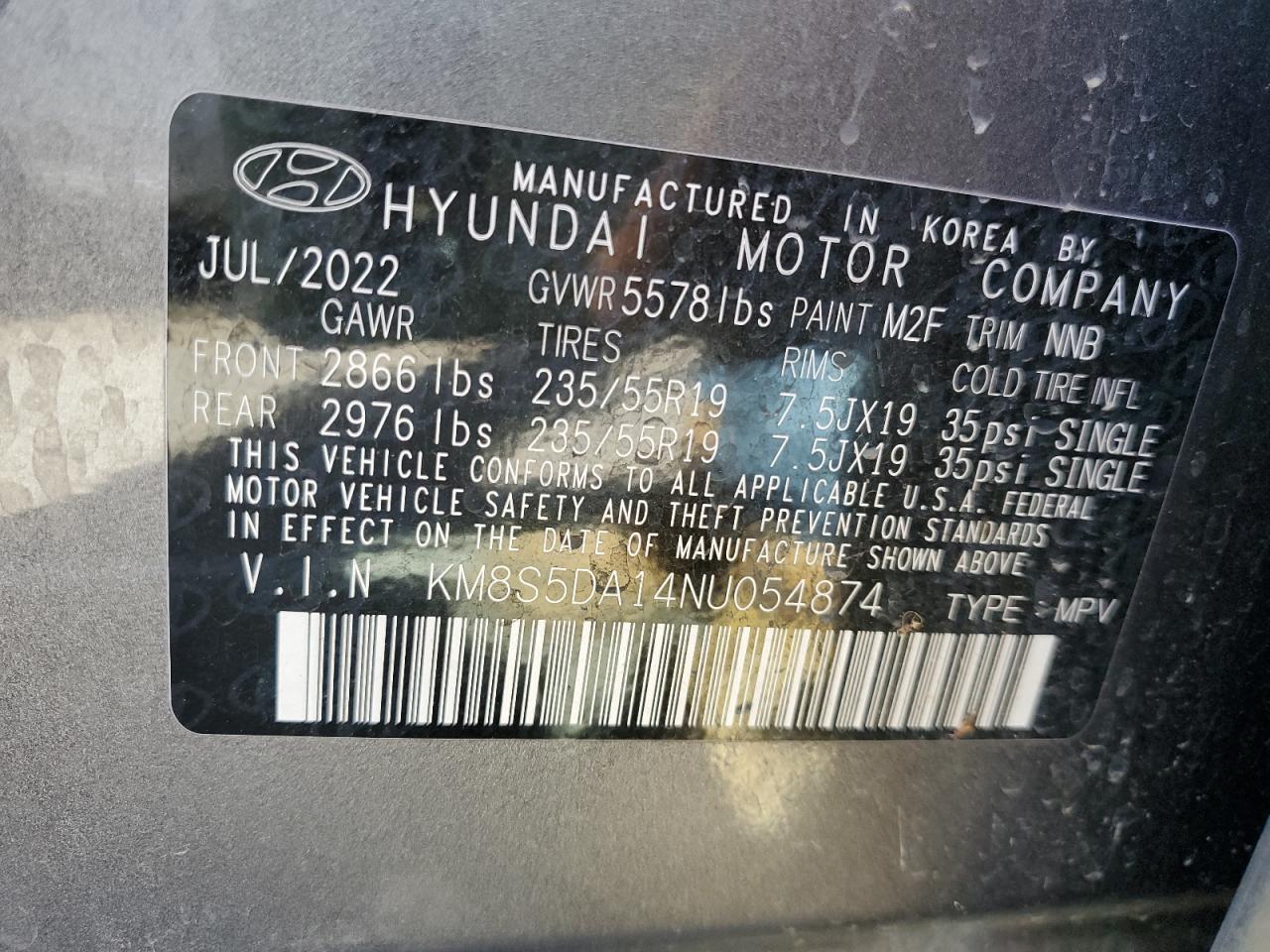 KM8S5DA14NU054874 2022 Hyundai Santa Fe Limited