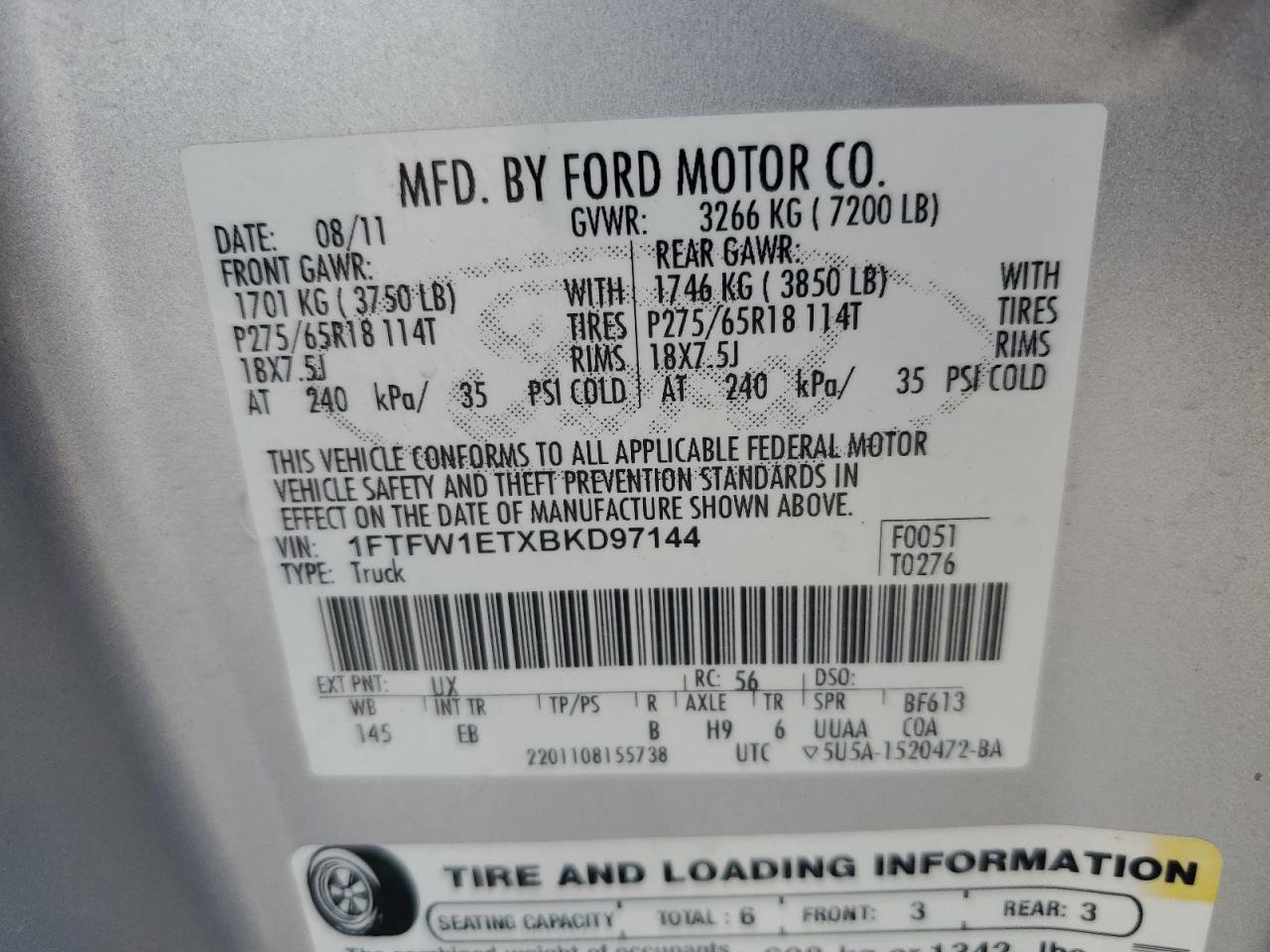 1FTFW1ETXBKD97144 2011 Ford F150 Supercrew