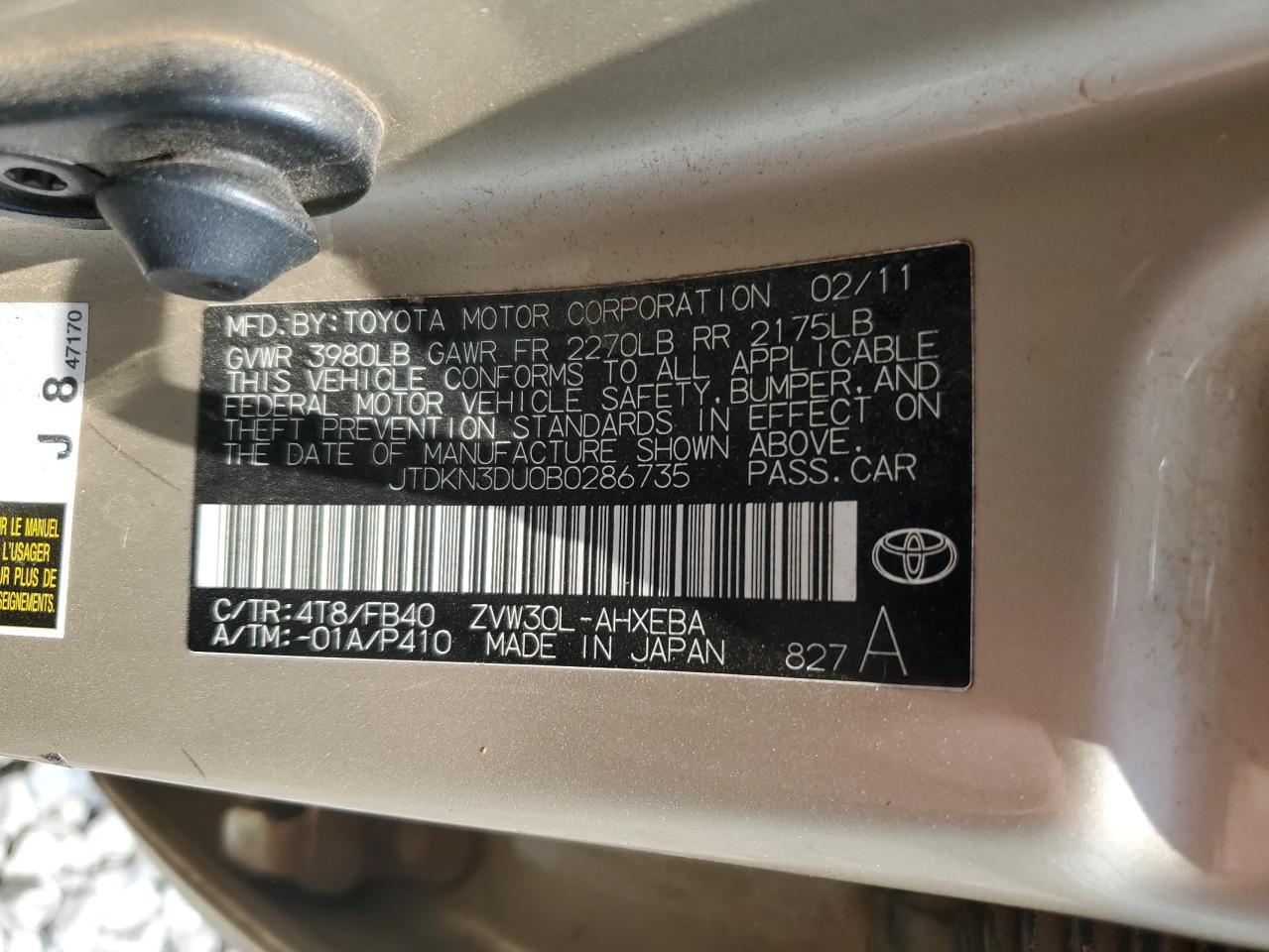 JTDKN3DU0B0286735 2011 Toyota Prius