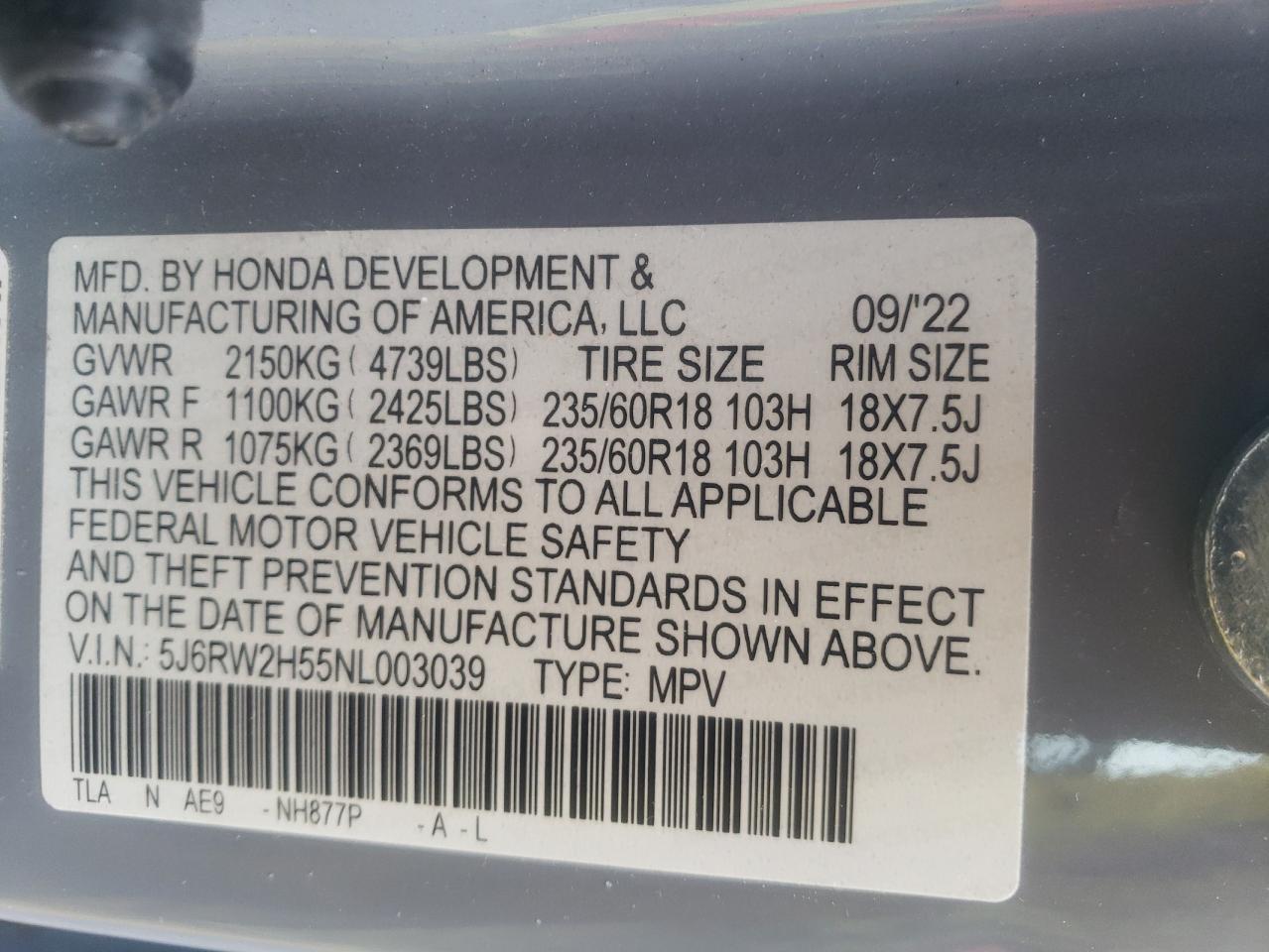 5J6RW2H55NL003039 2022 Honda Cr-V Ex