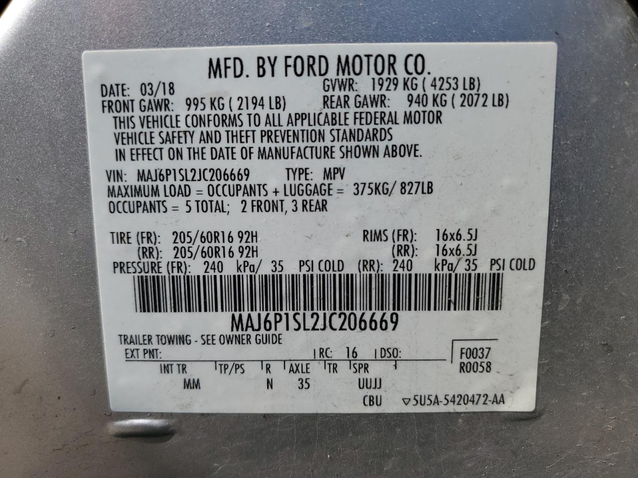 MAJ6P1SL2JC206669 2018 Ford Ecosport S