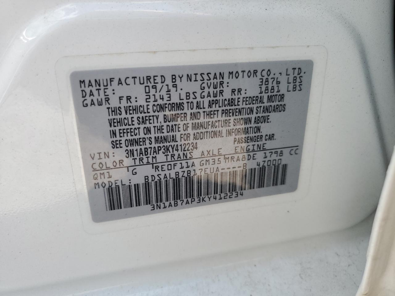 3N1AB7AP3KY412234 2019 Nissan Sentra S