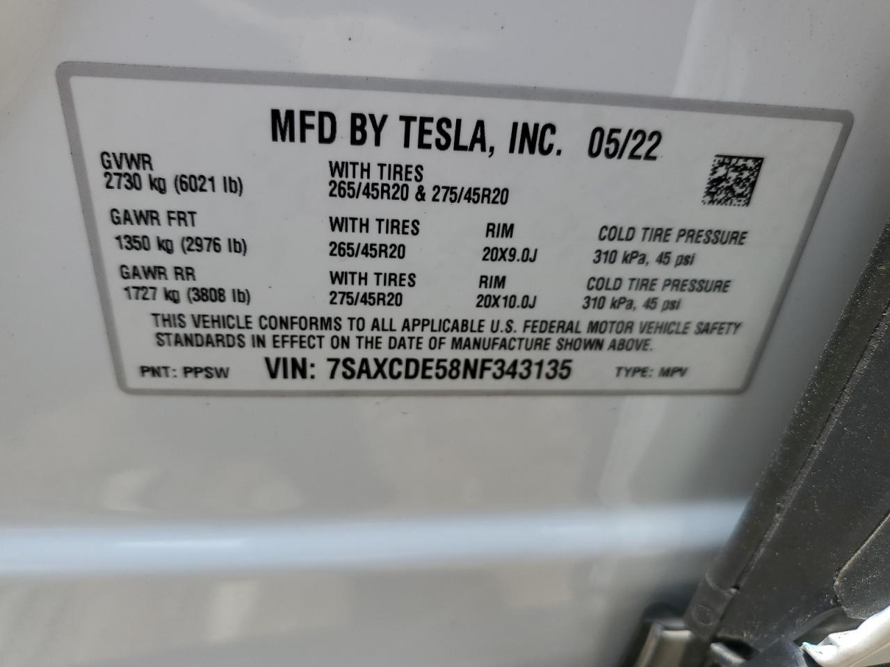 7SAXCDE58NF343135 2022 Tesla Model X