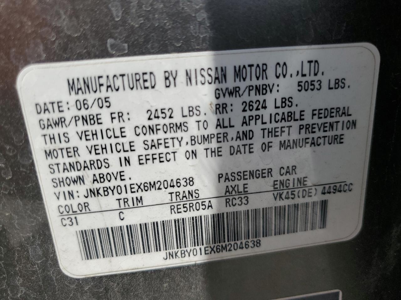 JNKBY01EX6M204638 2006 Infiniti M45 Base