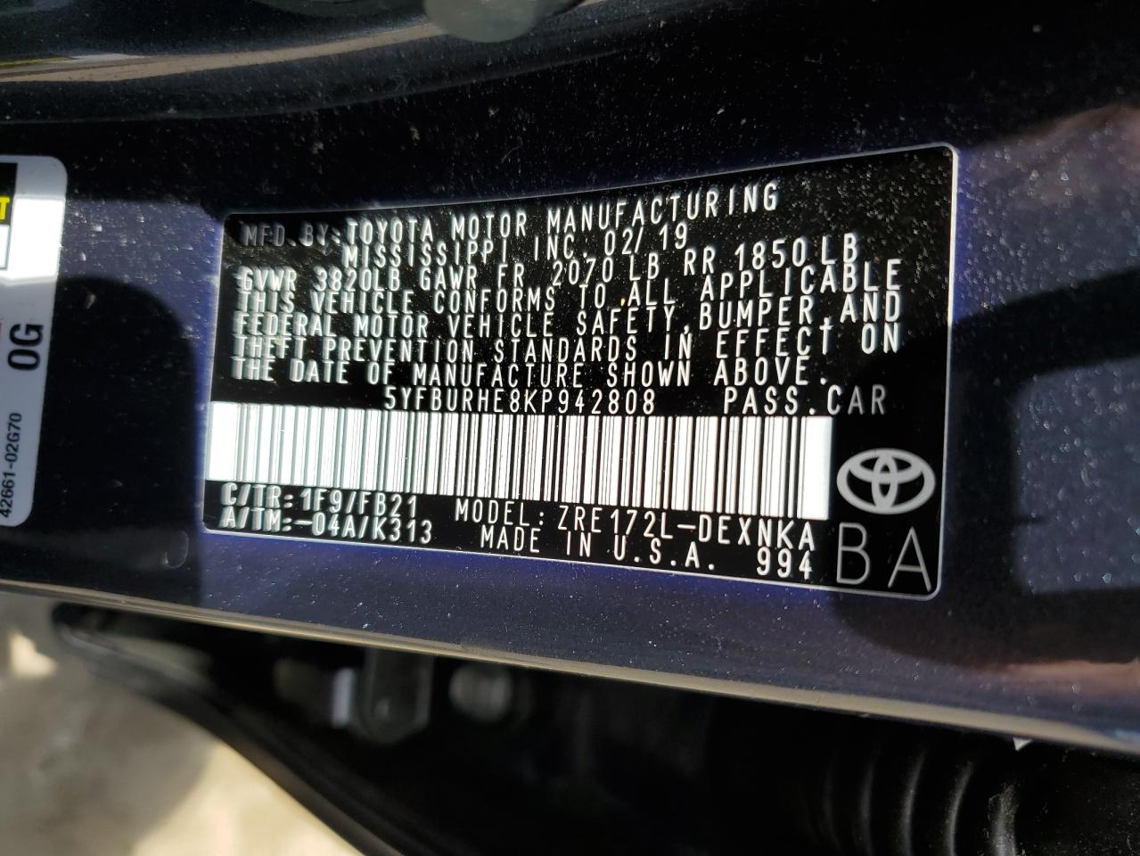 5YFBURHE8KP942808 2019 Toyota Corolla L