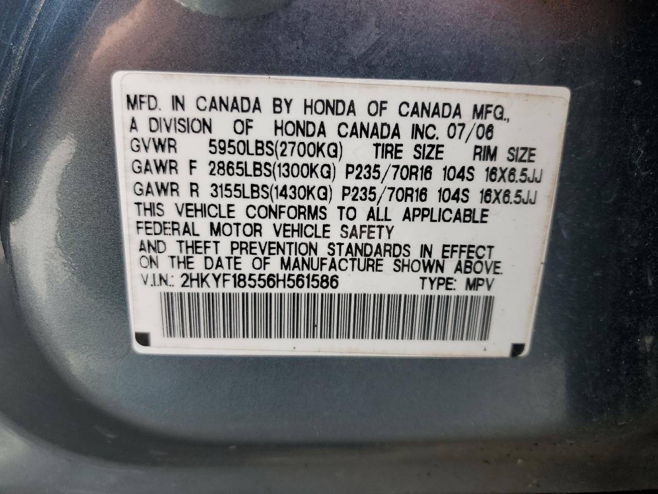 2HKYF18556H561586 2006 Honda Pilot Ex