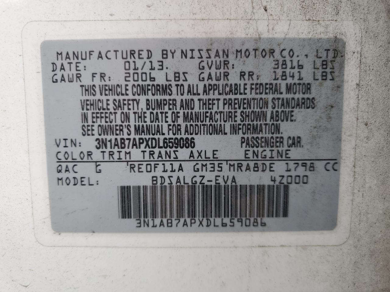 3N1AB7APXDL659086 2013 Nissan Sentra S