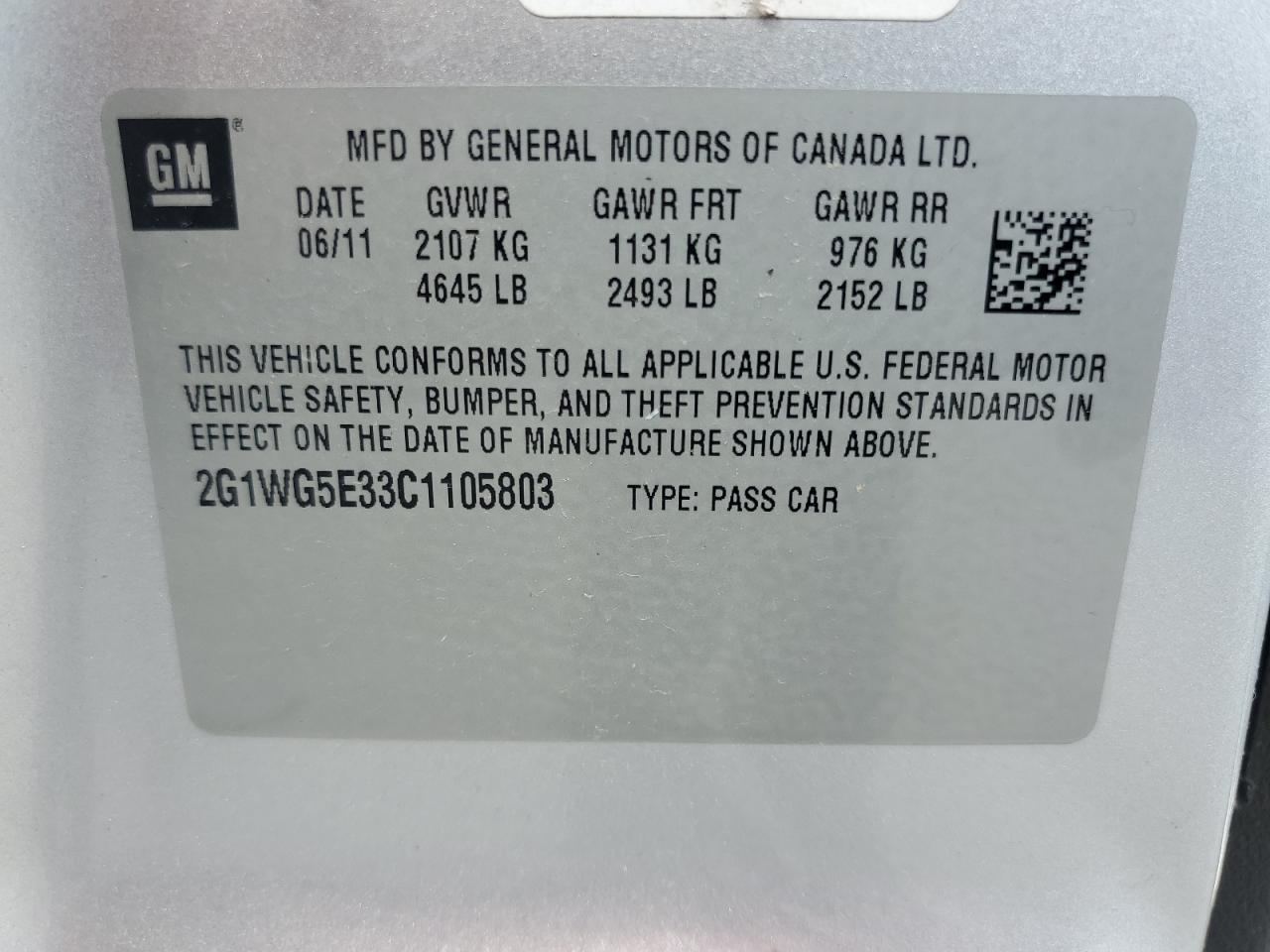 2G1WG5E33C1105803 2012 Chevrolet Impala Lt