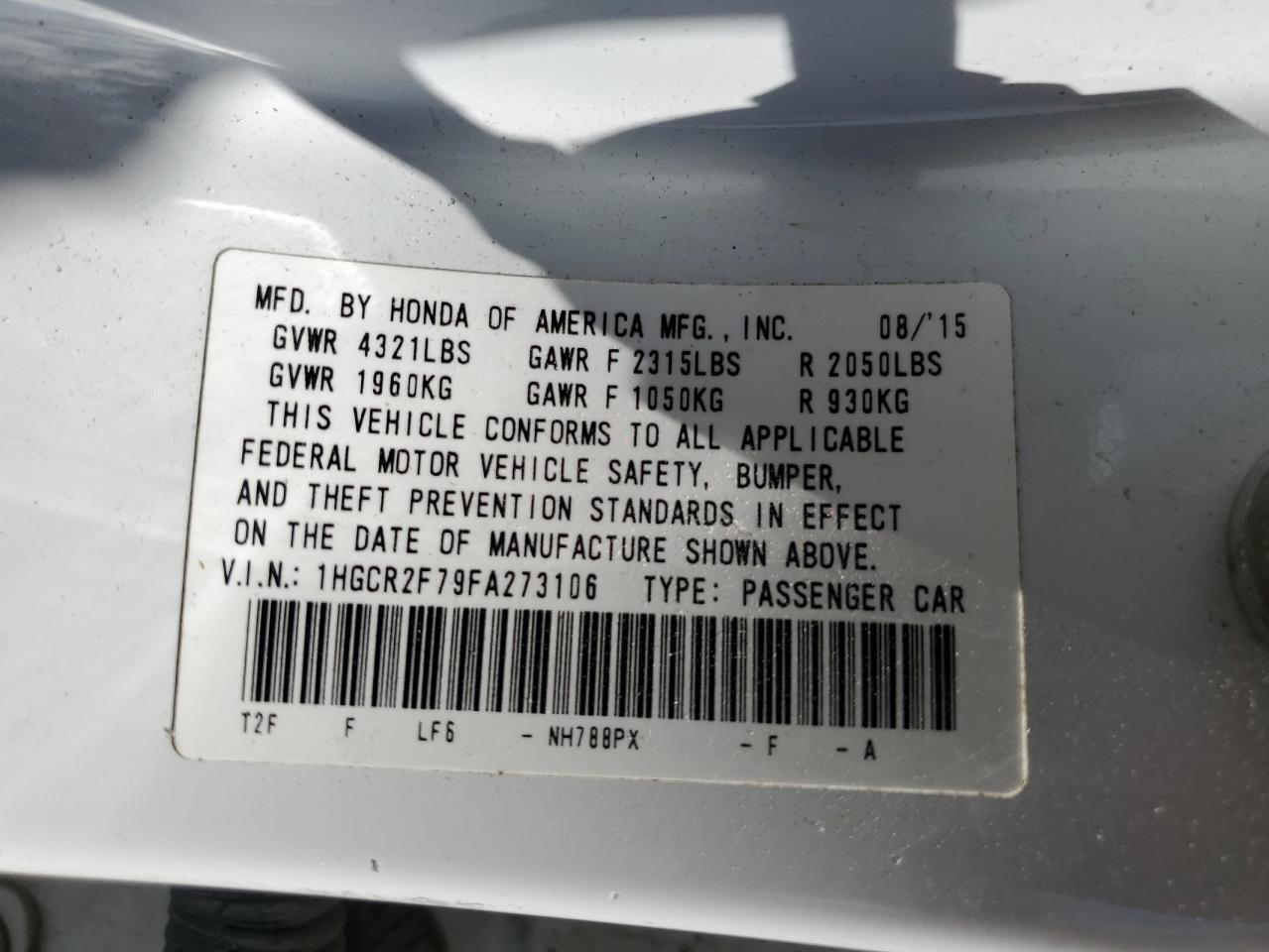 1HGCR2F79FA273106 2015 Honda Accord Ex