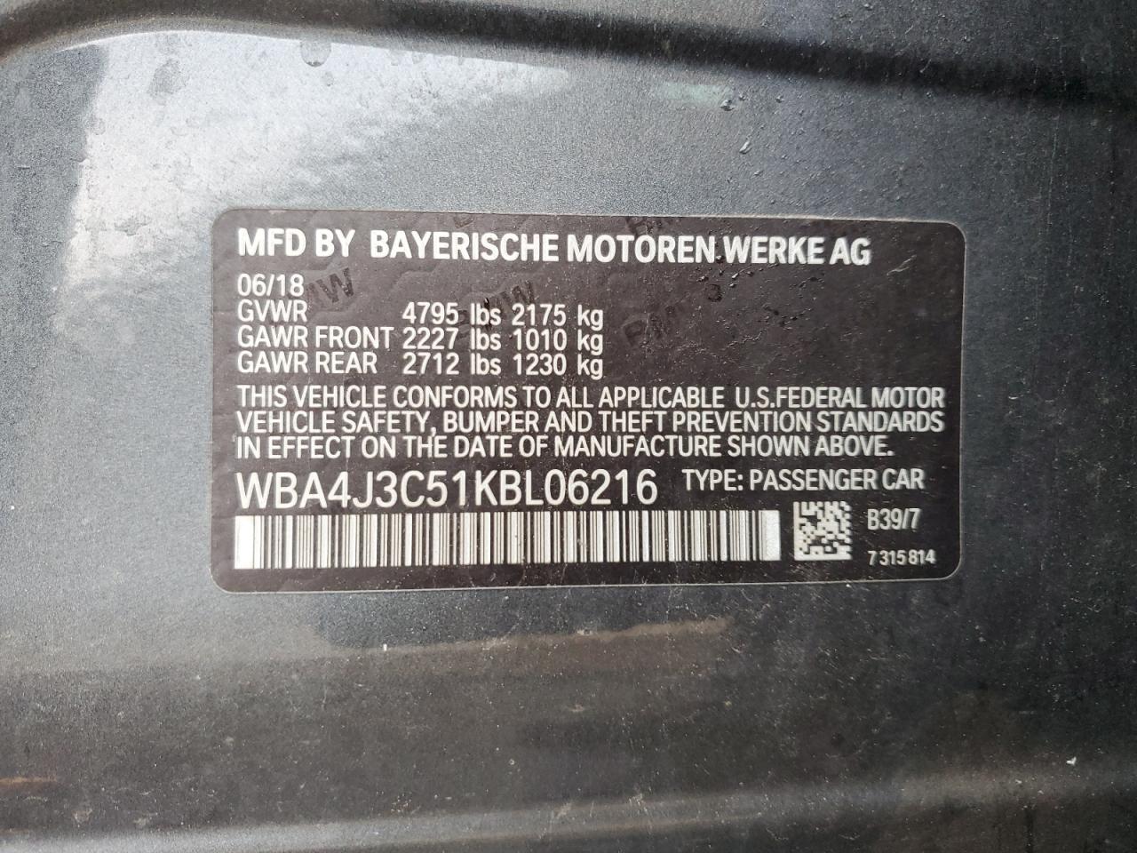 WBA4J3C51KBL06216 2019 BMW 430Xi Gran Coupe