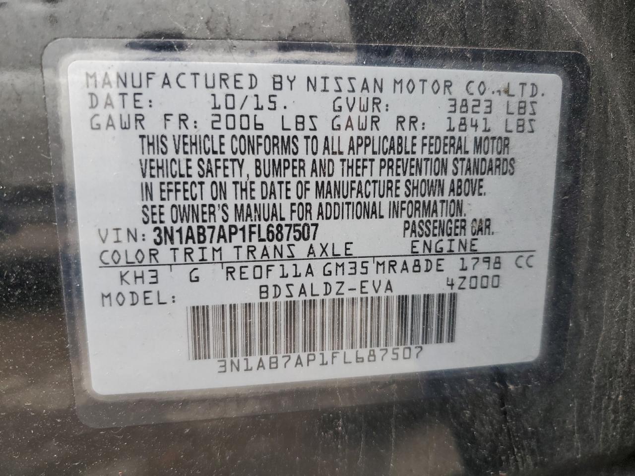 3N1AB7AP1FL687507 2015 Nissan Sentra S