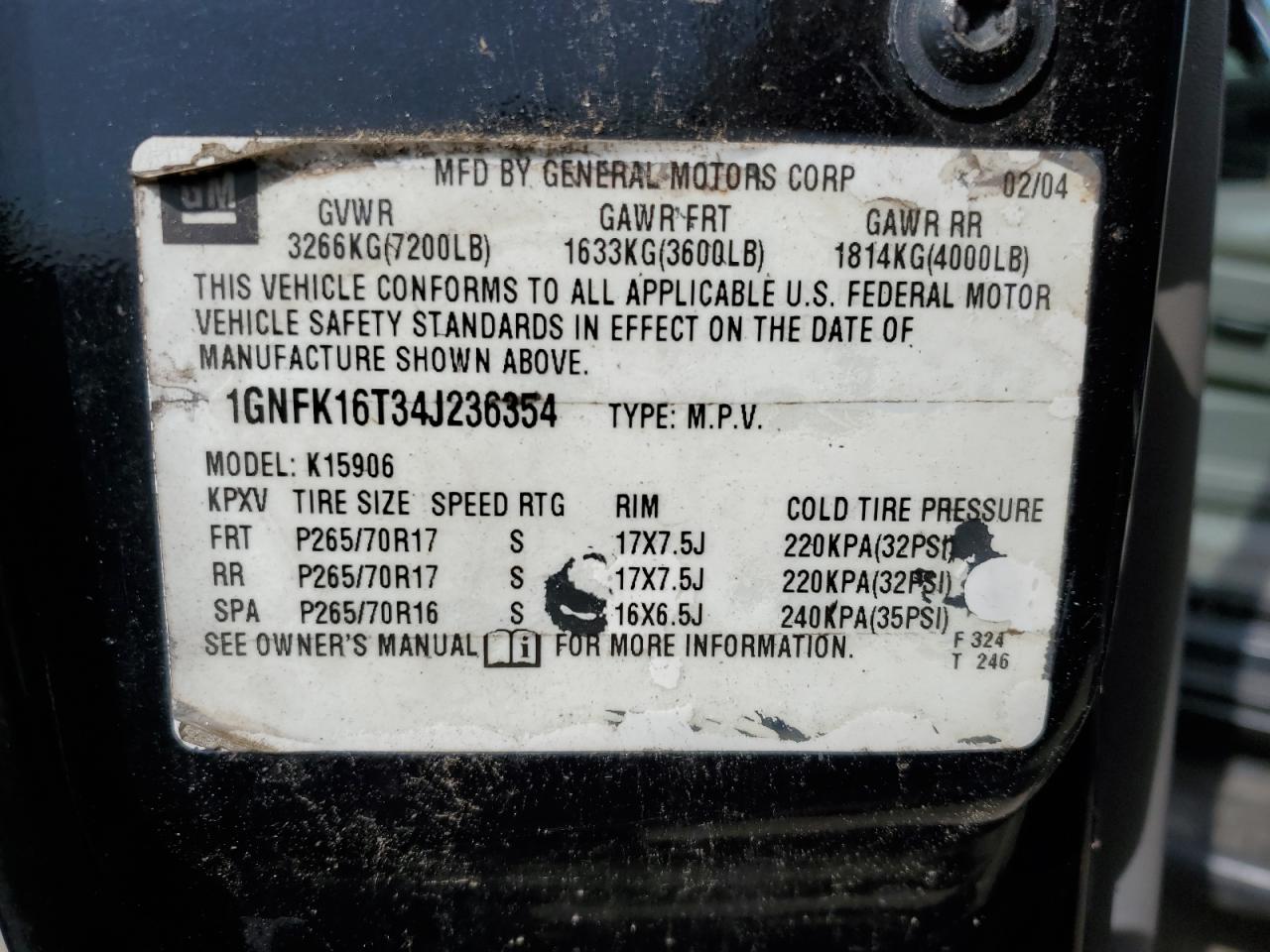 1GNFK16T34J236354 2004 Chevrolet Suburban K1500