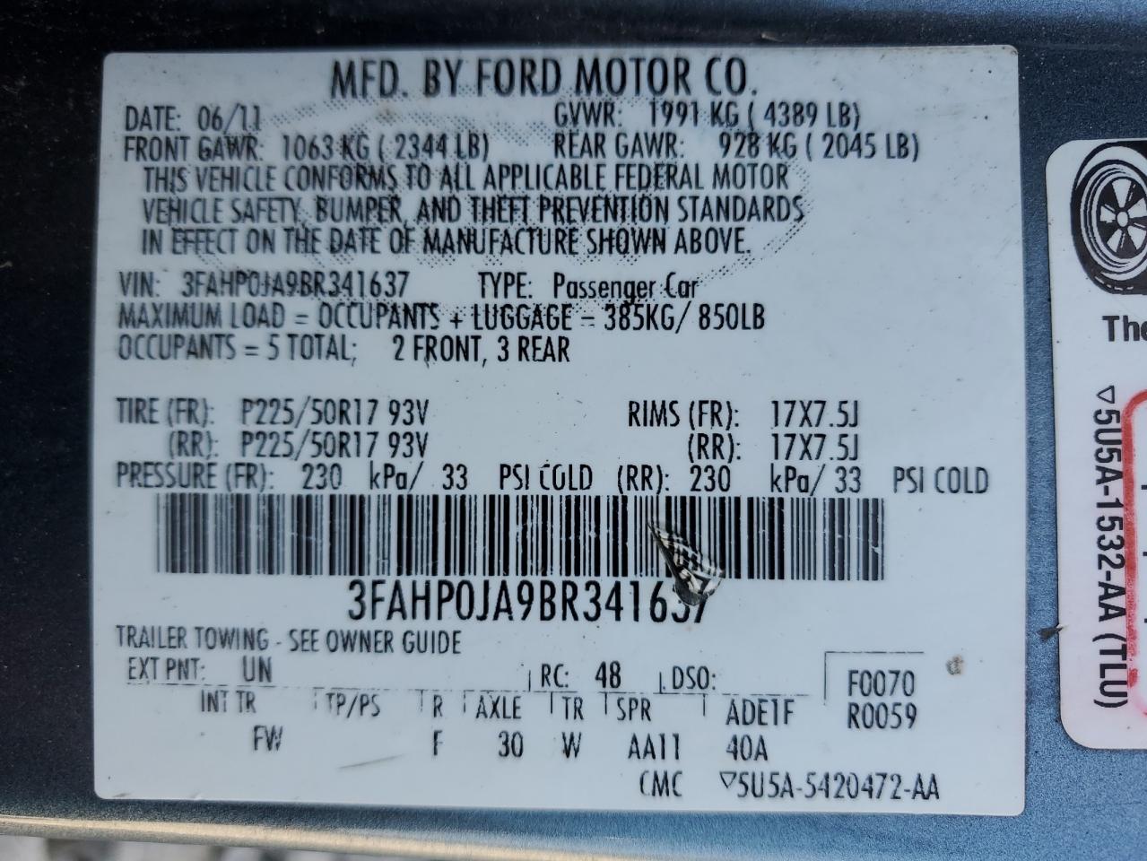 3FAHP0JA9BR341637 2011 Ford Fusion Sel