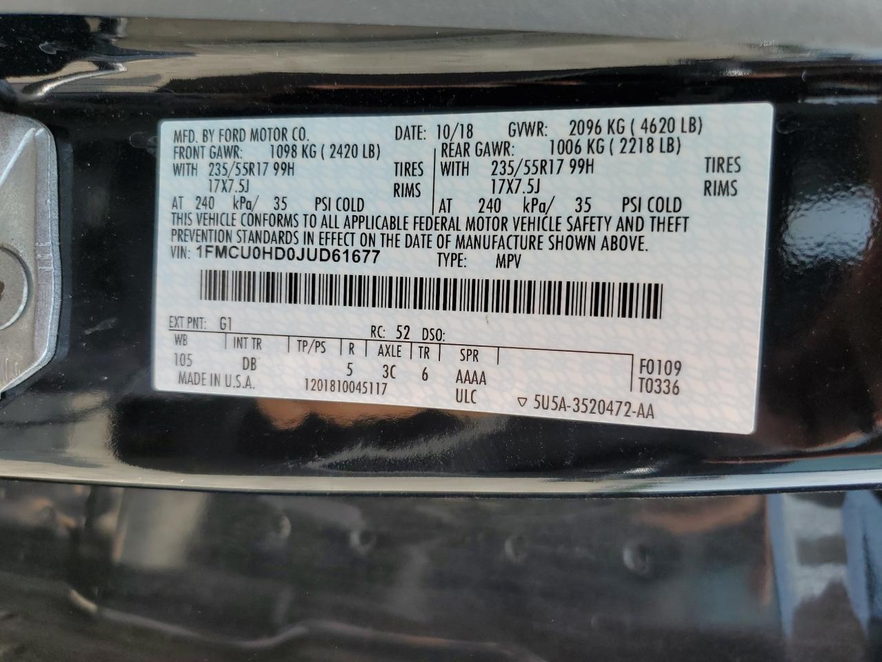 1FMCU0HD0JUD61677 2018 Ford Escape Sel