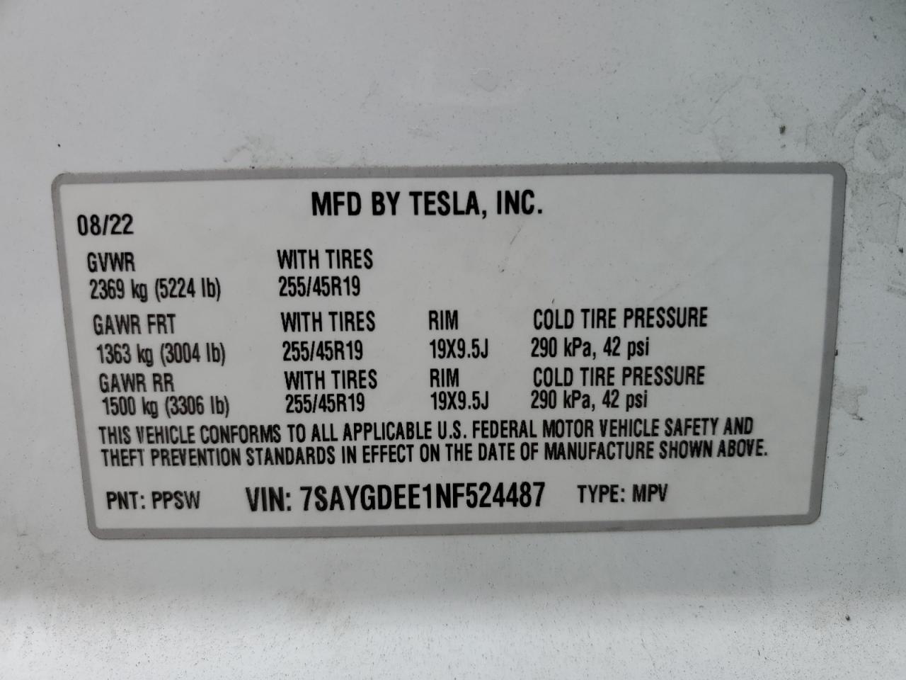 7SAYGDEE1NF524487 2022 Tesla Model Y