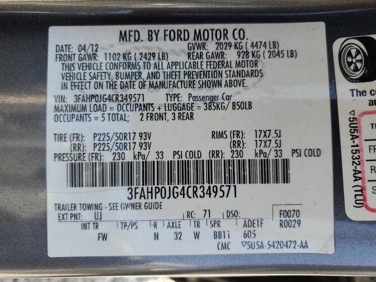 3FAHP0JG4CR349571 2012 Ford Fusion Sel