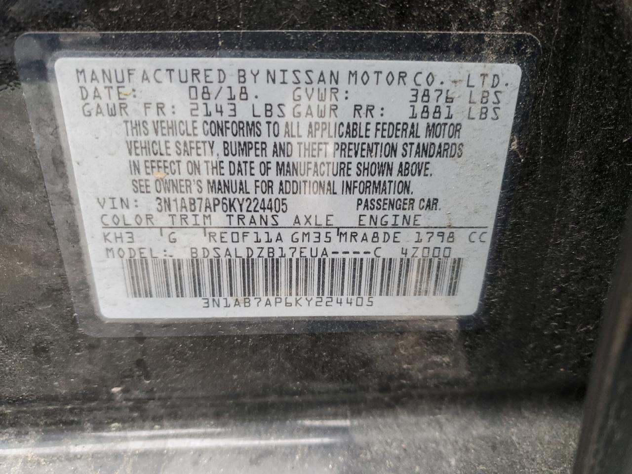 3N1AB7AP6KY224405 2019 Nissan Sentra S