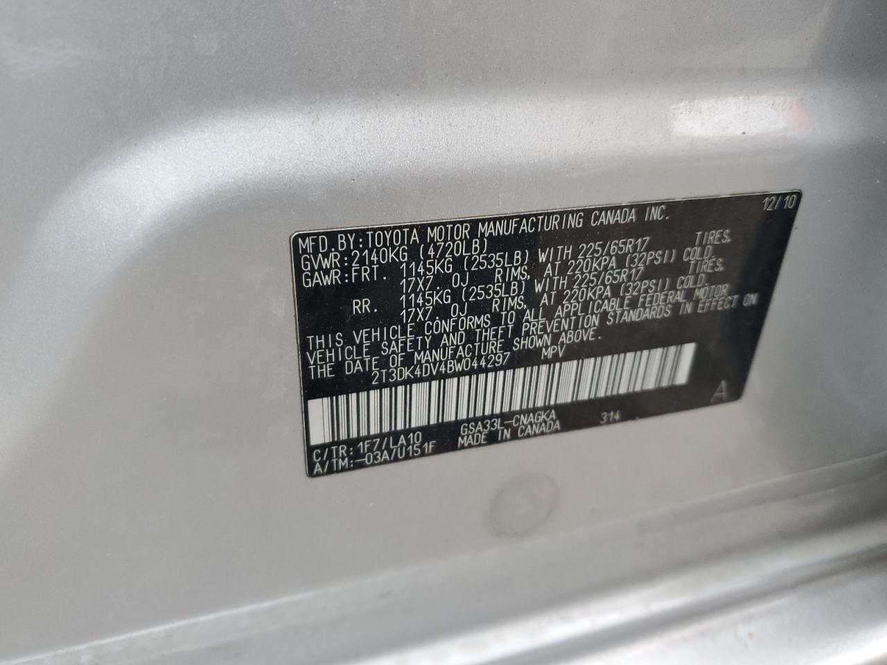 2T3DK4DV4BW044297 2011 Toyota Rav4 Limited