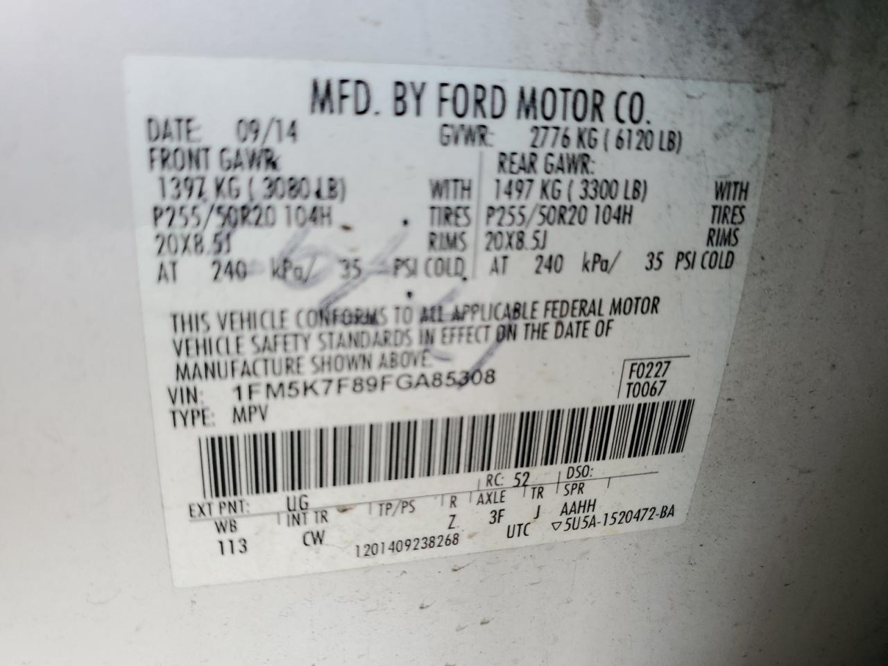 1FM5K7F89FGA85308 2015 Ford Explorer Limited