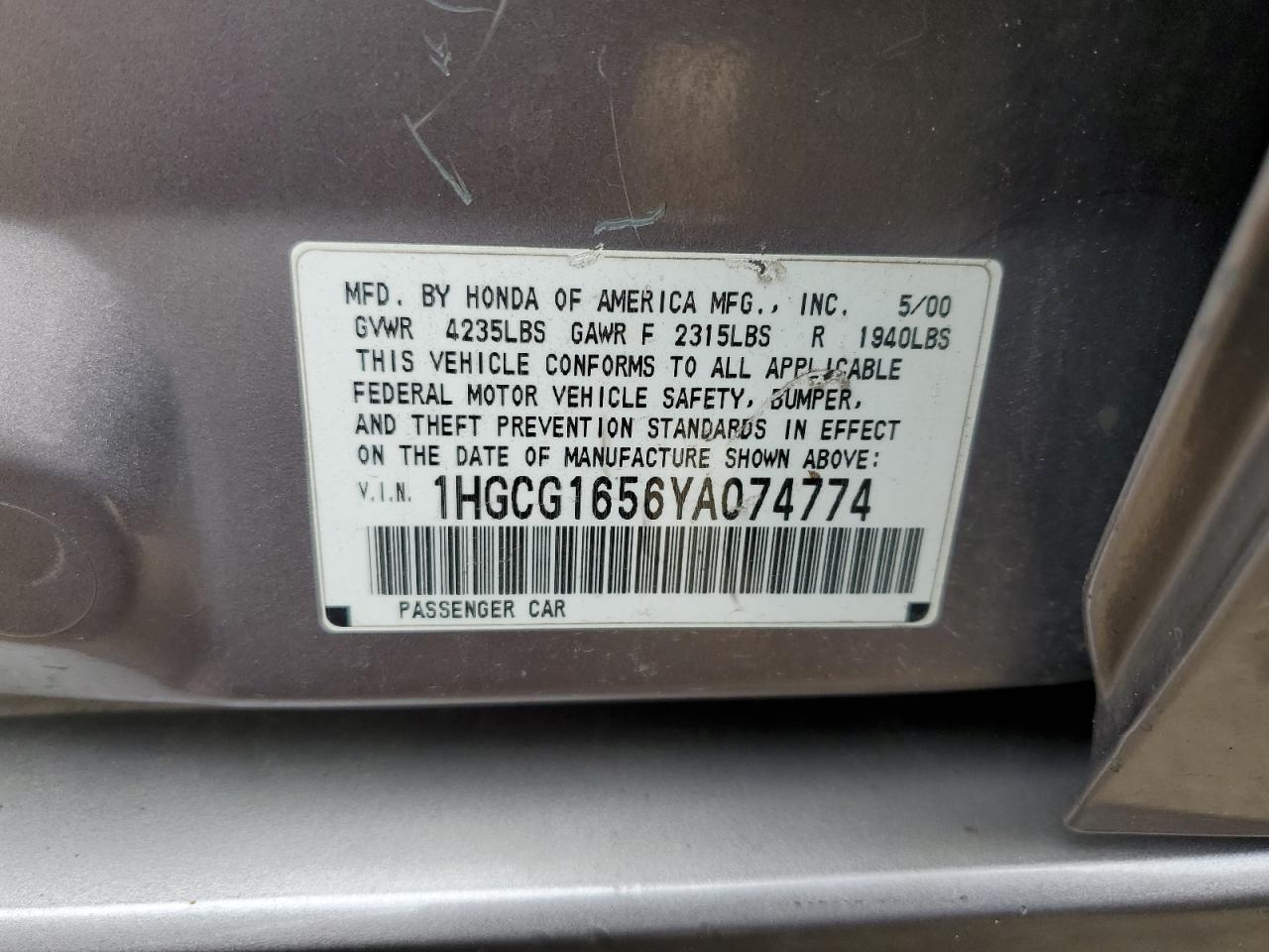 1HGCG1656YA074774 2000 Honda Accord Ex