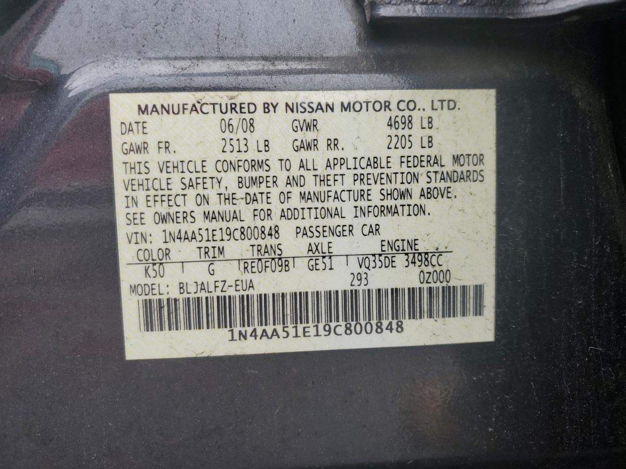 1N4AA51E19C800848 2009 Nissan Maxima S