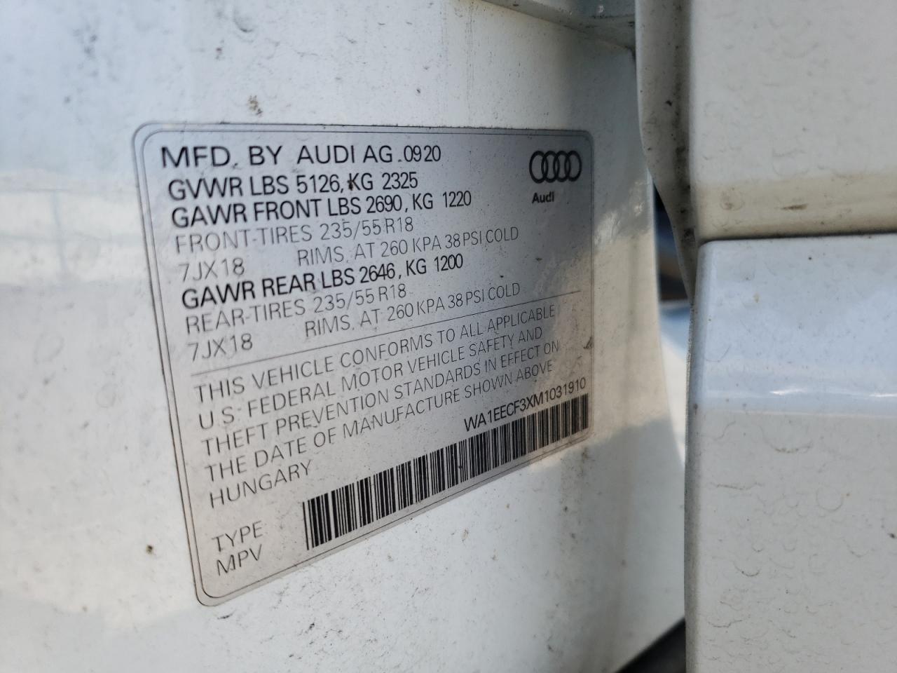 WA1EECF3XM1031910 2021 Audi Q3 Premium Plus S Line 45