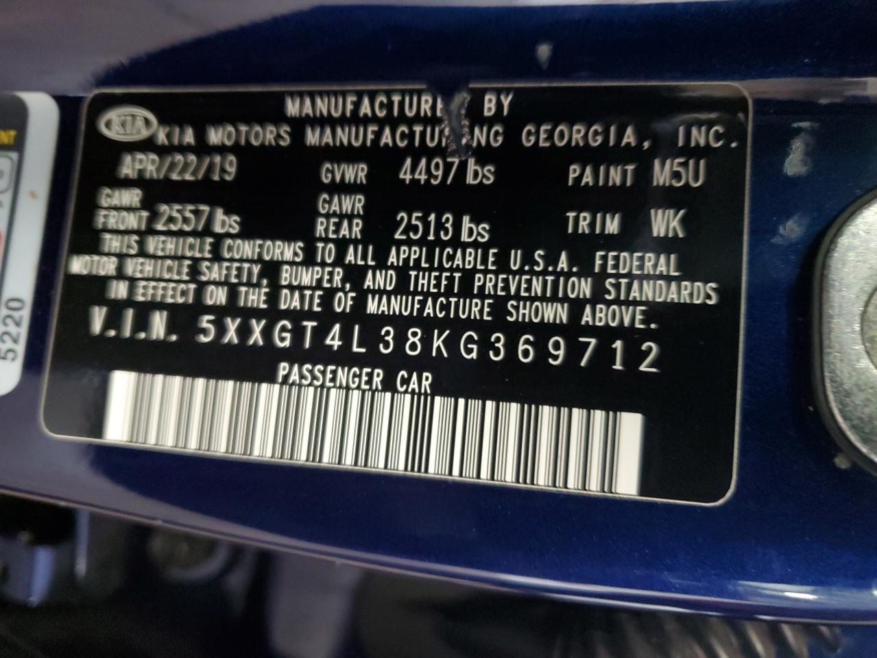 5XXGT4L38KG369712 2019 Kia Optima Lx