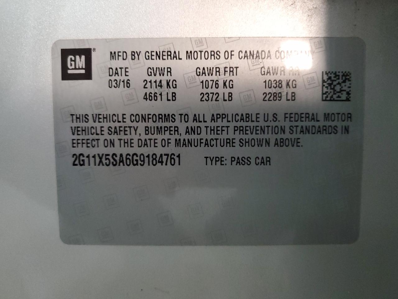 2G11X5SA6G9184761 2016 Chevrolet Impala Ls