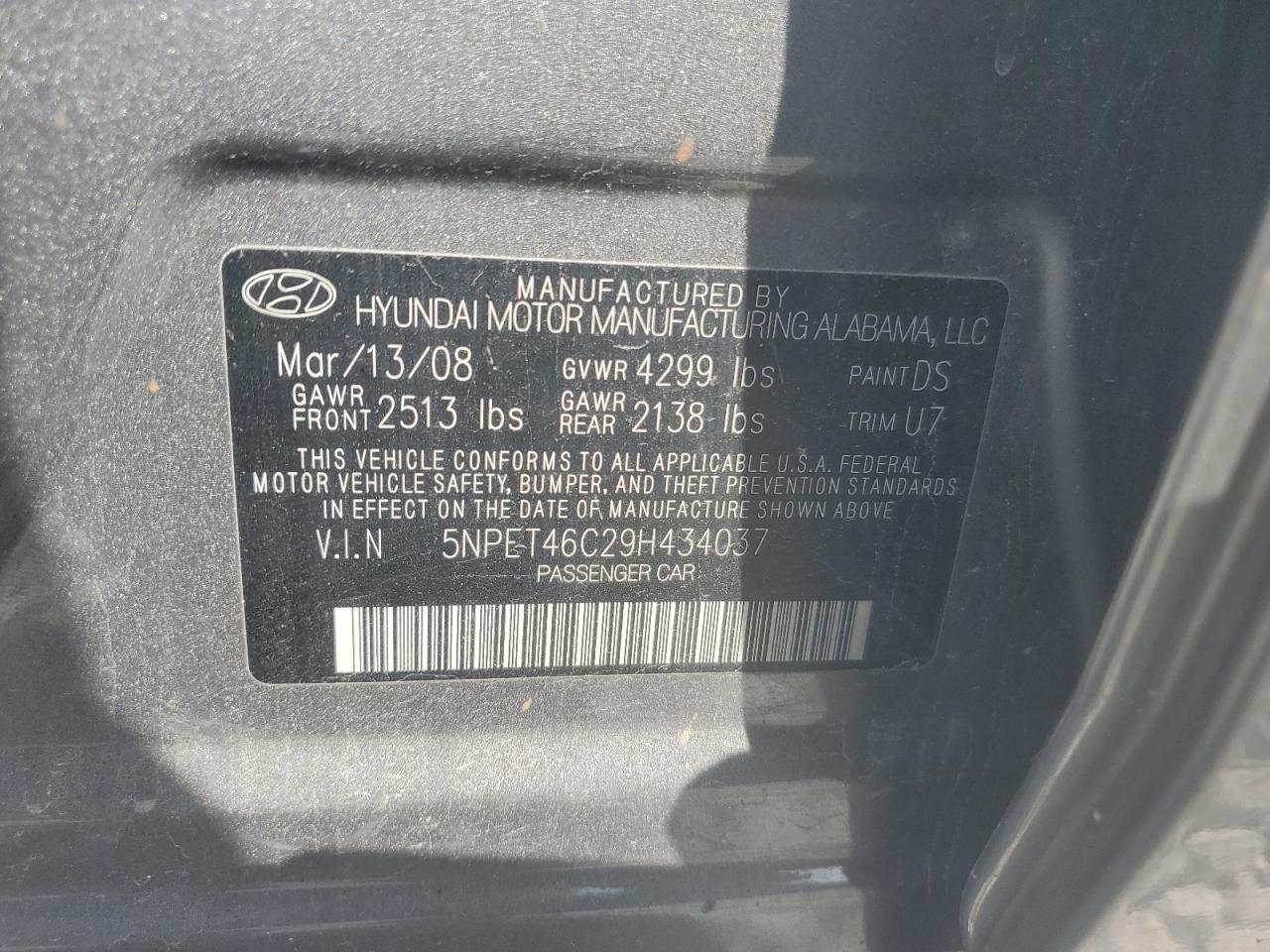 5NPET46C29H434037 2009 Hyundai Sonata Gls