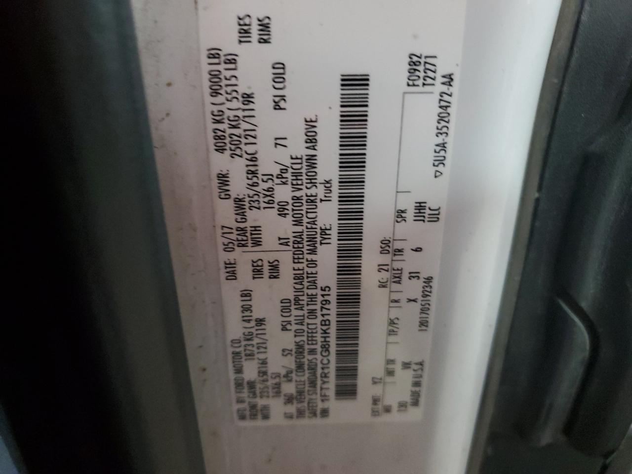 1FTYR1CG8HKB17915 FORD TRANSIT 2017