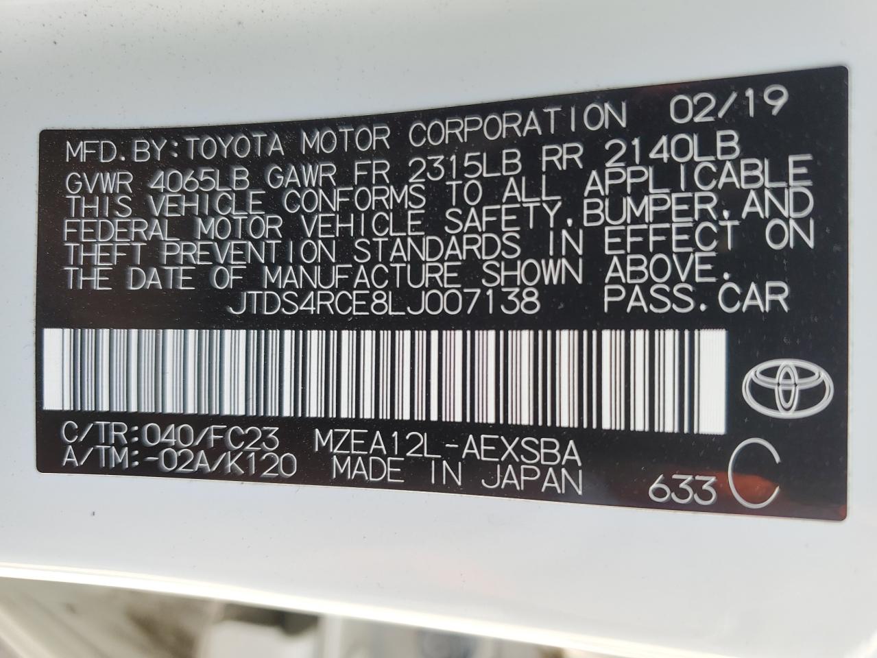 JTDS4RCE8LJ007138 2020 Toyota Corolla Se